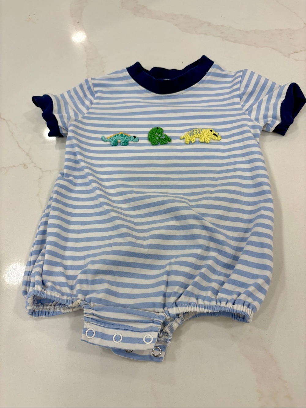 Classic Southern Smocks Blue & White Striped Baby Romper, French Knot Dinosaurs